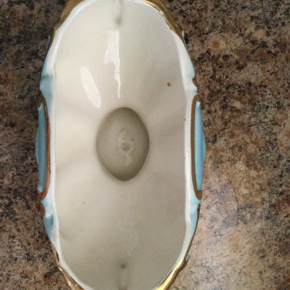 Vintage big bowl footed handled heavy gold gild sky blue hand painted - Picture 5 of 8